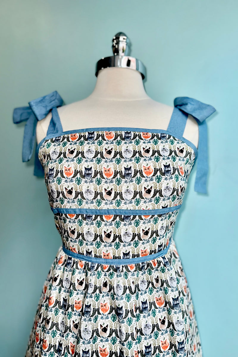 Cat Faces Tie Shoulder Smocked Midi Dress