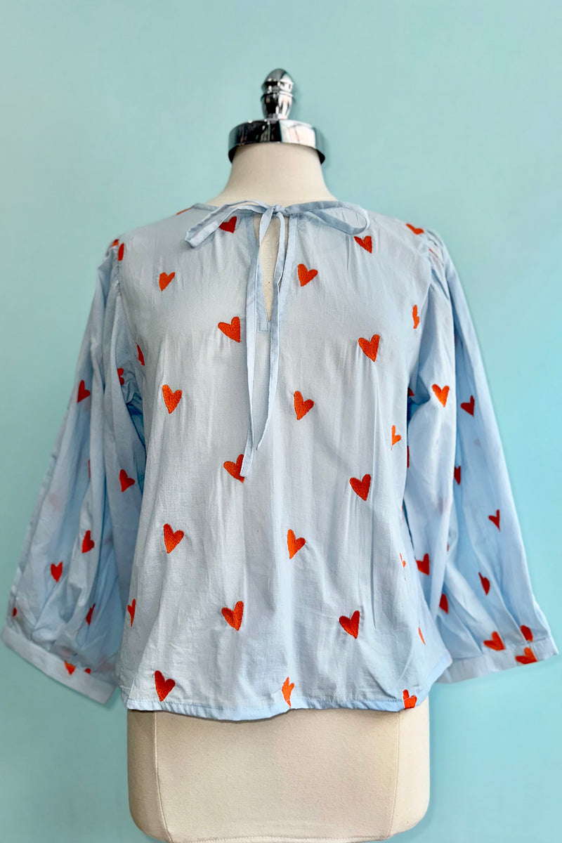 Blue Heart Balloon Sleeve Tie-Neck Top by Compania Fantastica