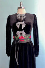 Black Velvet Rhinestone Bow Midi Dress