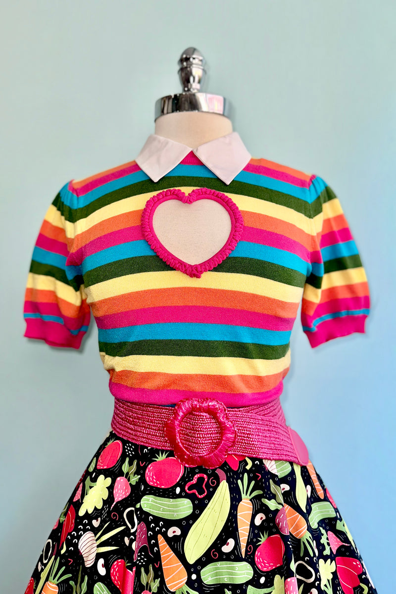 Rainbow Stripe Heart Cut-Out Short Sleeve Sweater