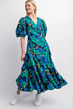 Emerald and Navy Balloon Sleeve Wrap Dress