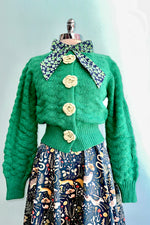 Green Knit Cardigan with Rosette Detail