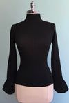 Black Mock Neck Sweater with Scalloped Sleeves