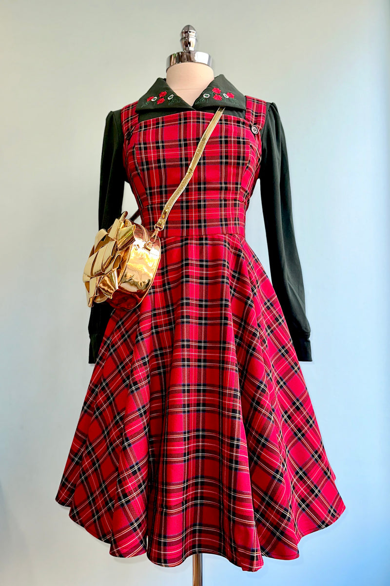 Red Plaid Irvine Pinafore Dress by Hell Bunny