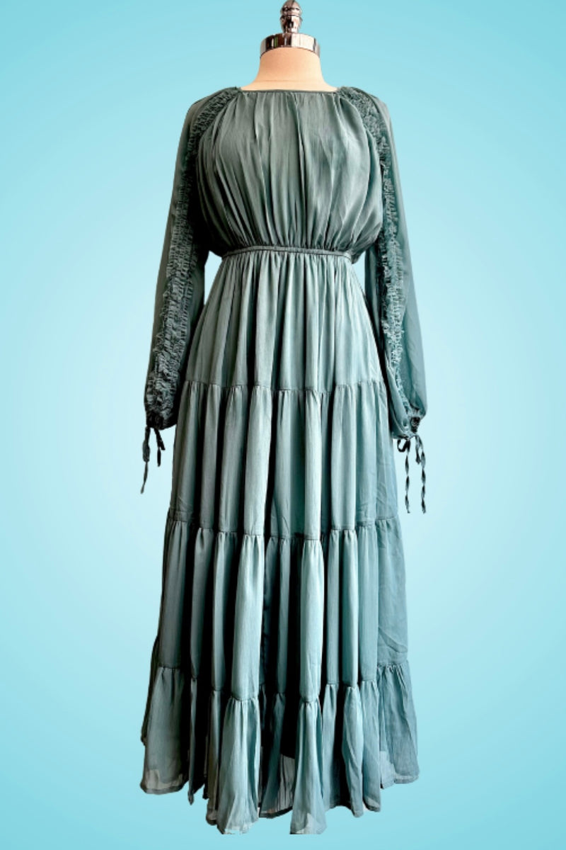 Teal Blue Ruffle Sleeve Chiffon Midi Dress
