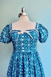 French Country Puff Sleeve Dress in Blue