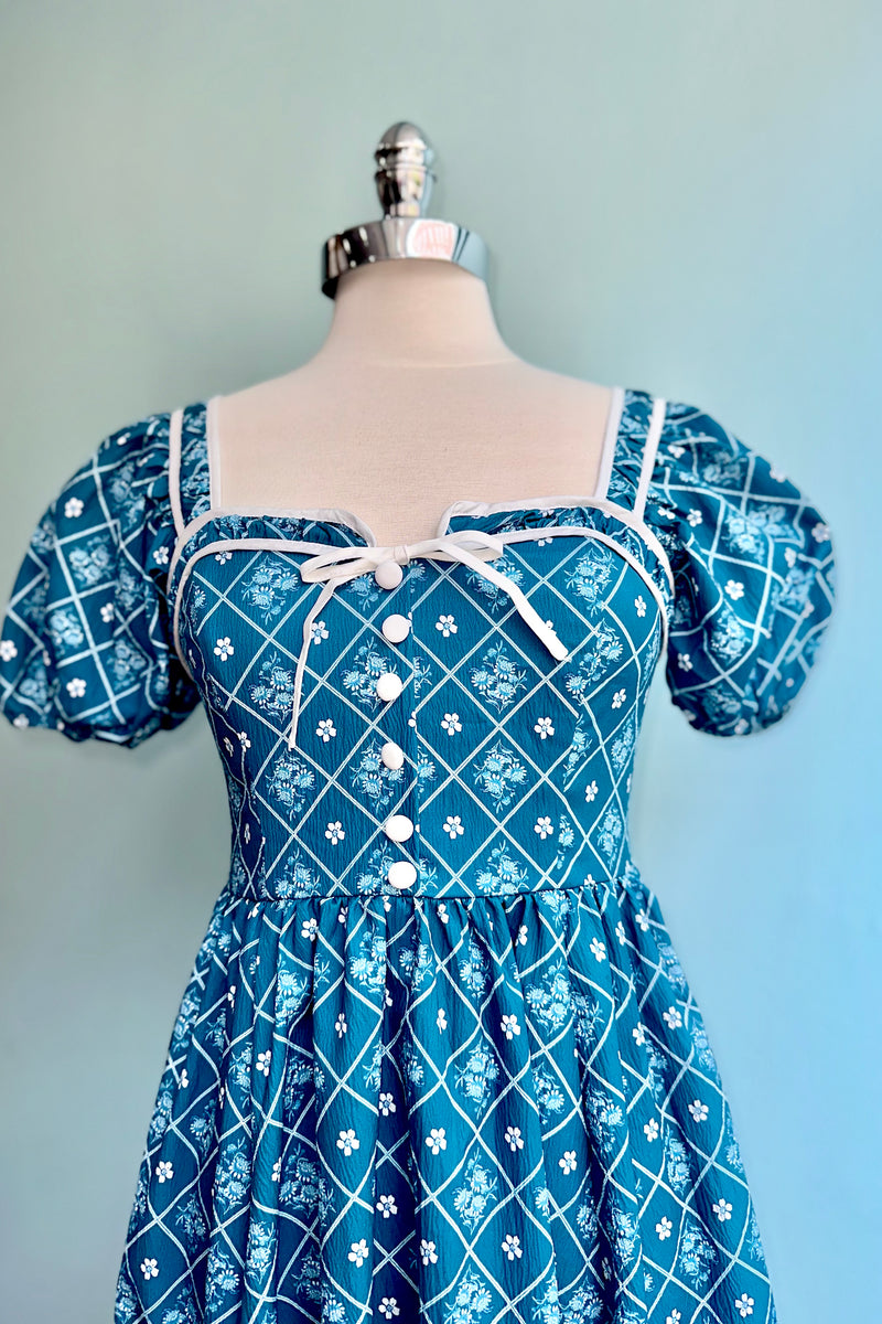 French Country Puff Sleeve Dress in Blue