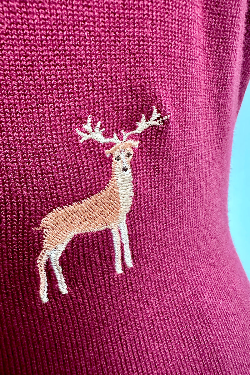 Burgundy Embroidered Deer Short Sleeve Sweater by Banned