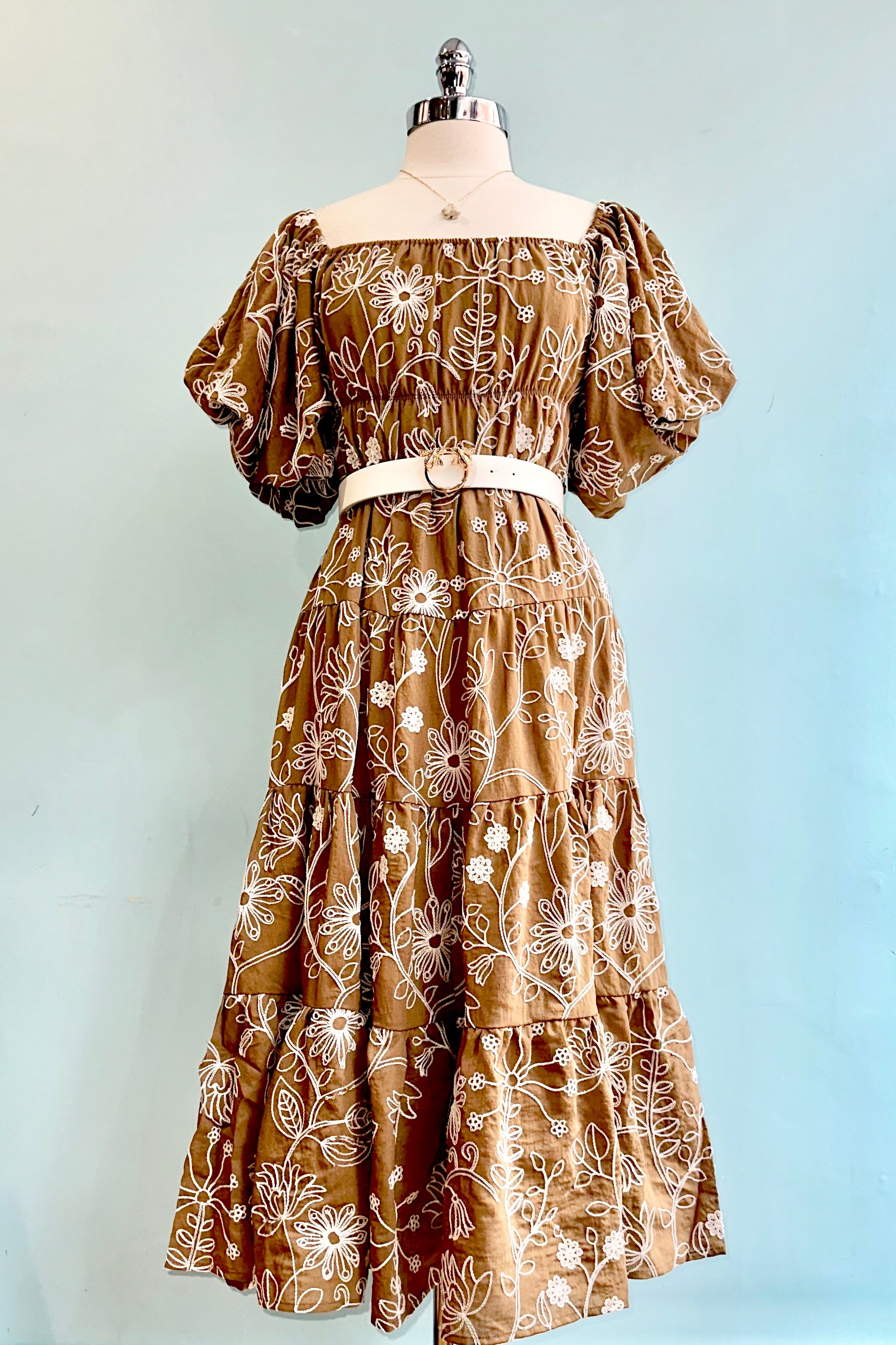 brown puff sleeve midi dress Womens Brown Ruffle Midi Dress