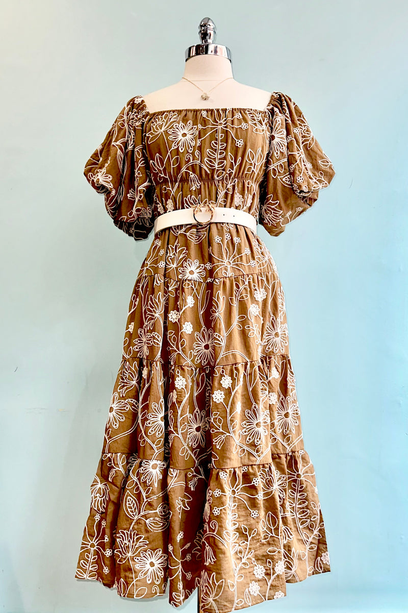 Light Brown Embroidered Puff Sleeve Midi Dress Small