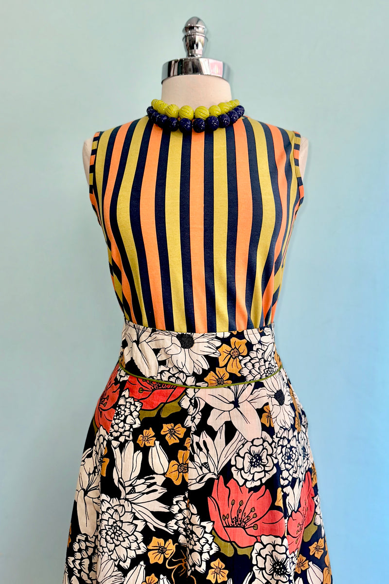 Navy and Orange Daisy Print Midi Skirt by Apsara