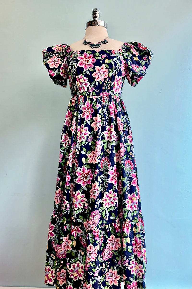 Navy and Pink Puff Sleeve Empire Midi Dress Modern Millie Navy and Pink Puff Sleeve Empire Midi Dress Modern Millie
