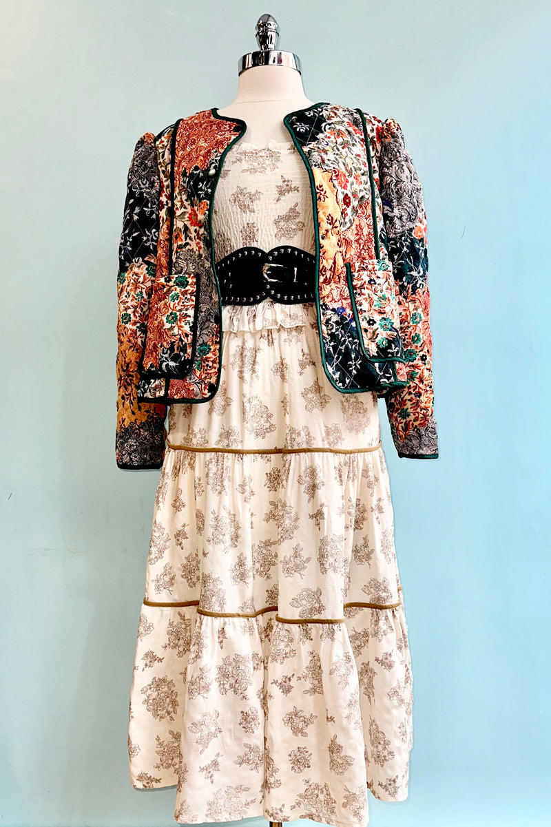Beige Toile Tie-Shoulder Smocked Midi Dress Small