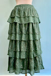 Eucalyptus Tiered Lace and Rose Jacquard Mesh Midi Skirt