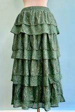 Eucalyptus Tiered Lace and Rose Jacquard Mesh Midi Skirt