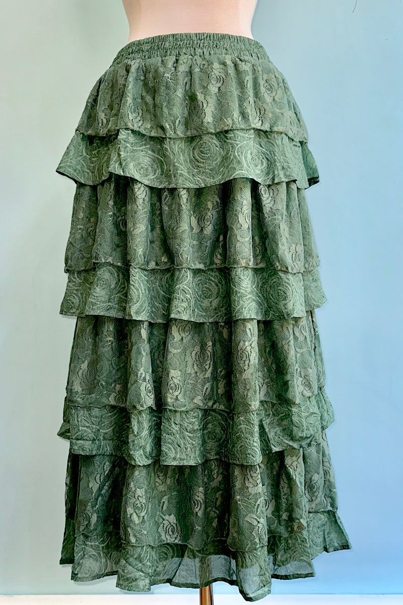 Eucalyptus Tiered Lace and Rose Jacquard Mesh Midi Skirt