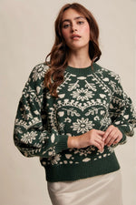 Heart Jacquard Green Knit Sweater
