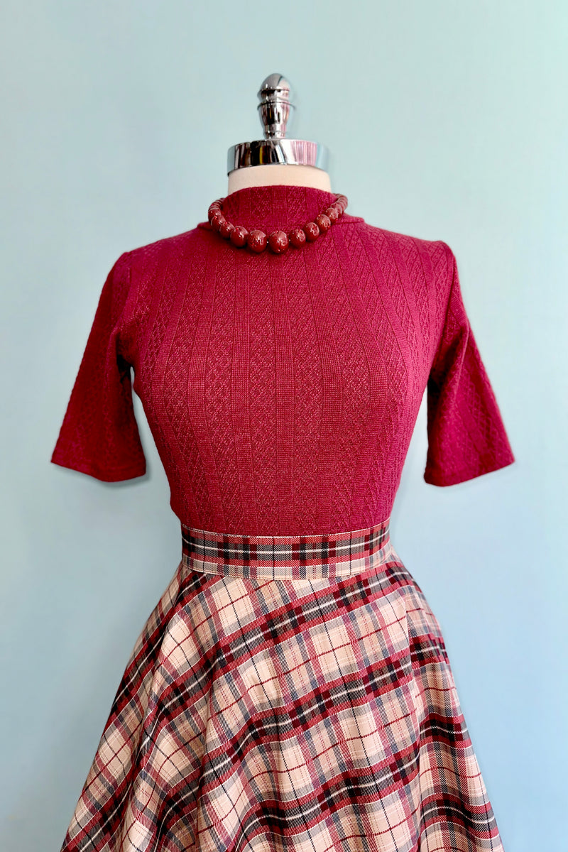 Burgundy and Tan Plaid Skater Skirt by Retrolicious