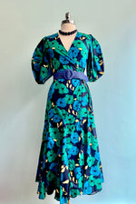 Emerald and Navy Balloon Sleeve Wrap Dress