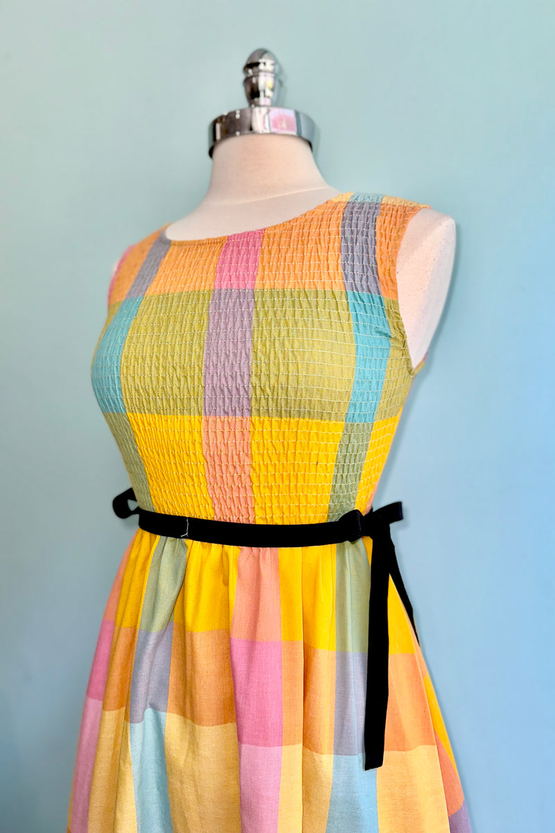 Check Plaid Smocked Bodice Midi Dress