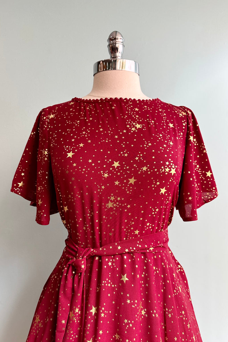 Red and Gold Star Flutter Sleeve Dress