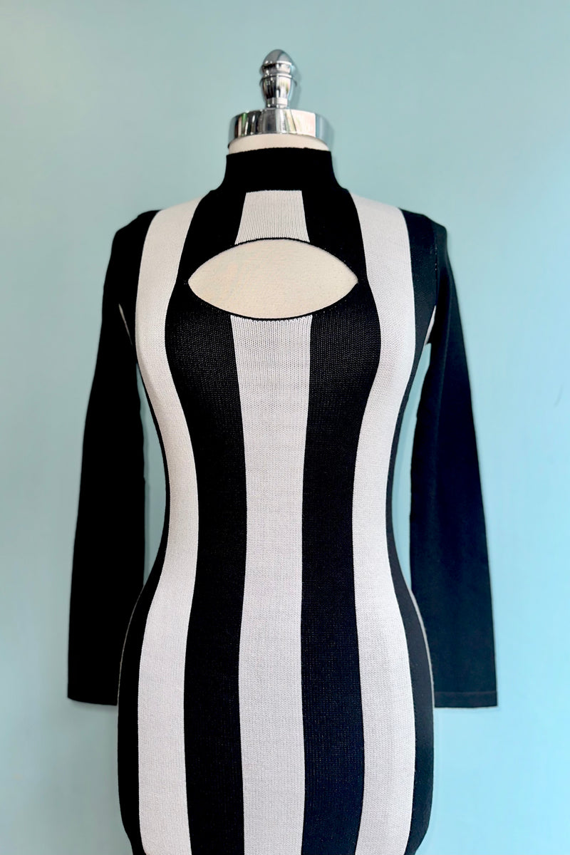 Black and White Striped Knit Body Con Midi Dress by Banned