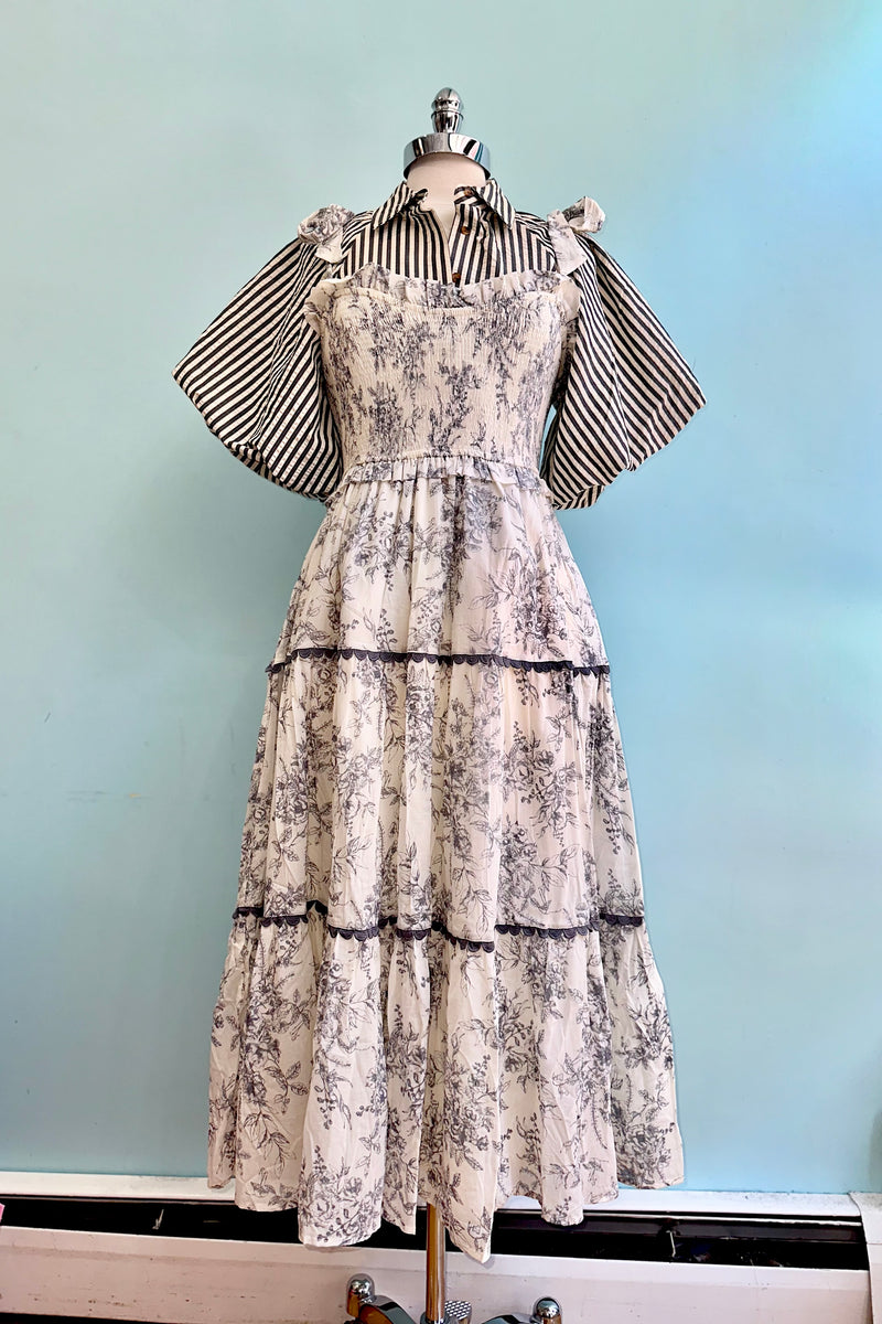 Charcoal and White Toile Smocked Midi Dress