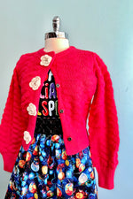 Red Knit Cardigan with Rosette Detail