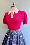 Hot Pink Short Sleeve Pointelle Sweater with Rhinestone Buttons