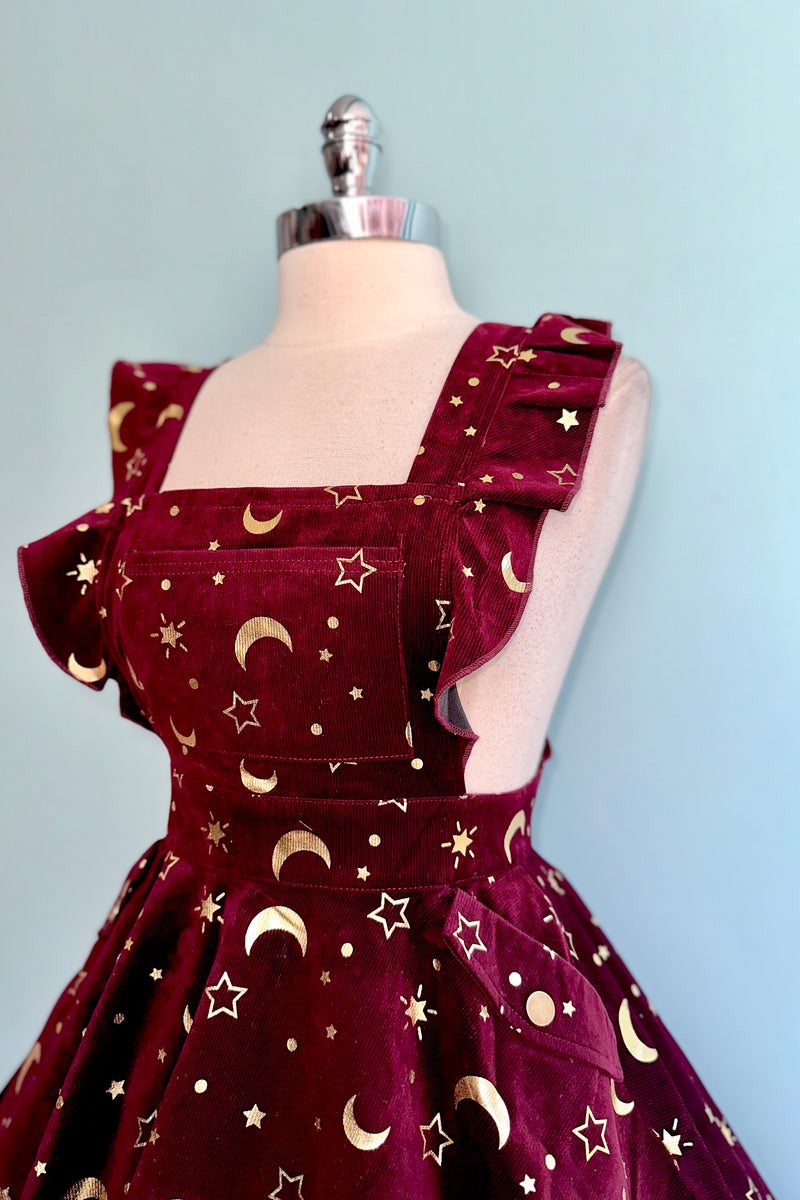 Burgundy and Gold Ruffle Strap Pinafore Dress