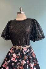 Black Sequin Puff Sleeve Top