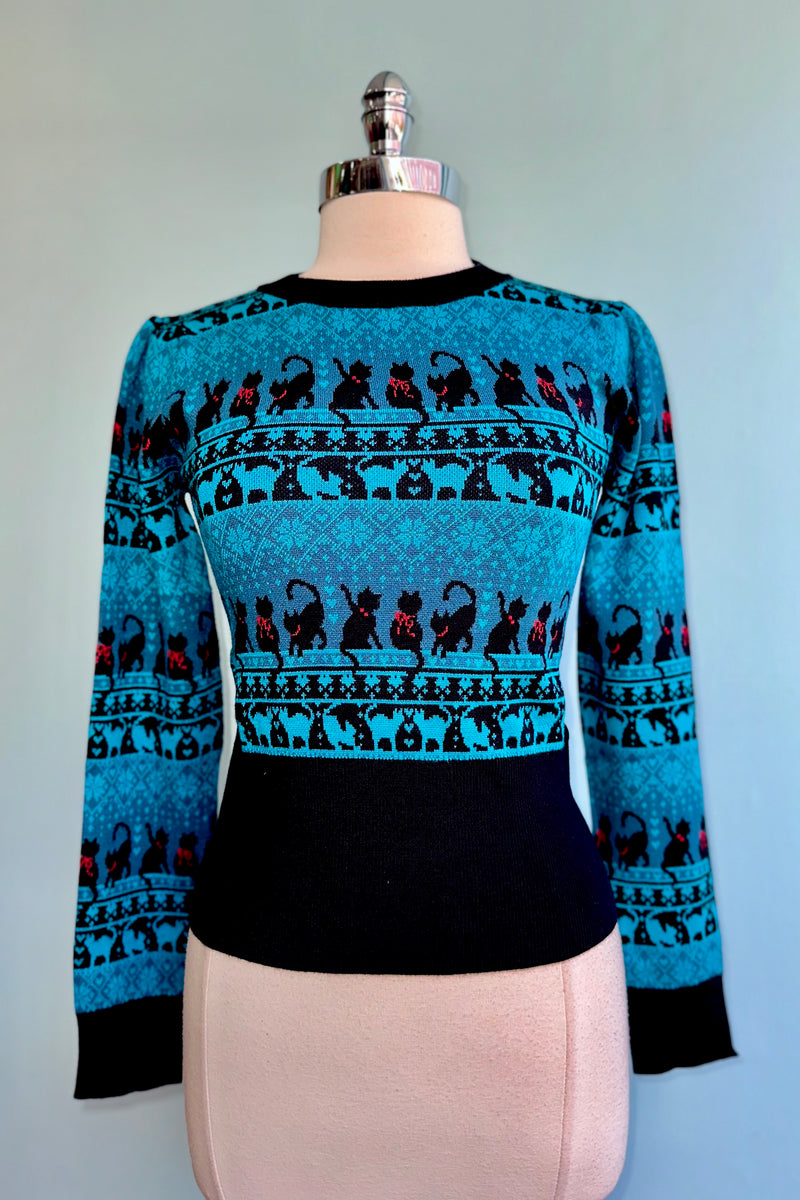 Teal Black Cats and Snowflakes Sweater