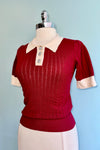 Burgundy Short Sleeve Pointelle Sweater with Rhinestone Buttons