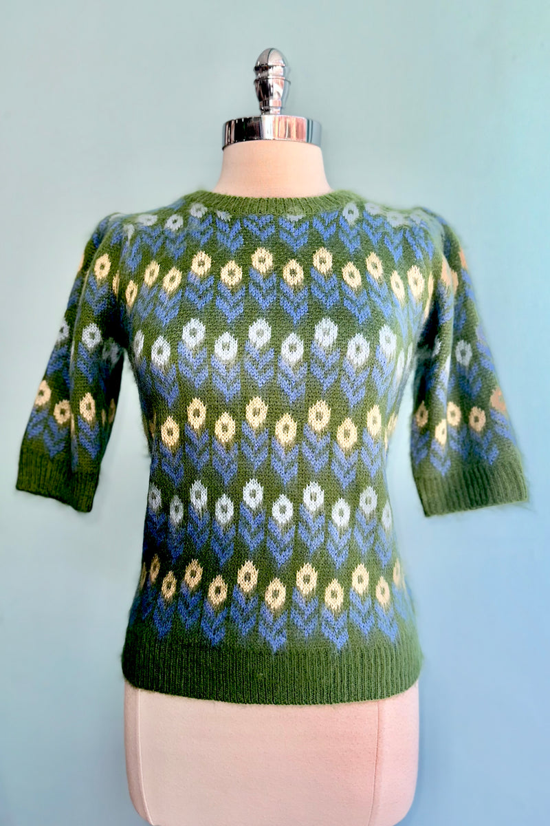 Spring Floral Elbow Length Sweater in Green