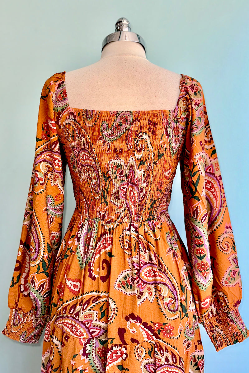 Toffee Paisley Print Long Sleeve Midi Dress