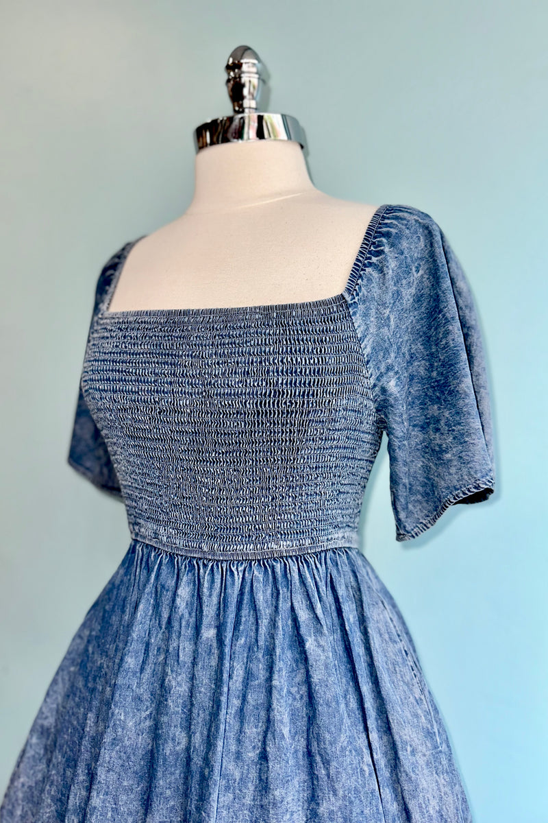 Denim Ruffle Sleeve Smocked Dress