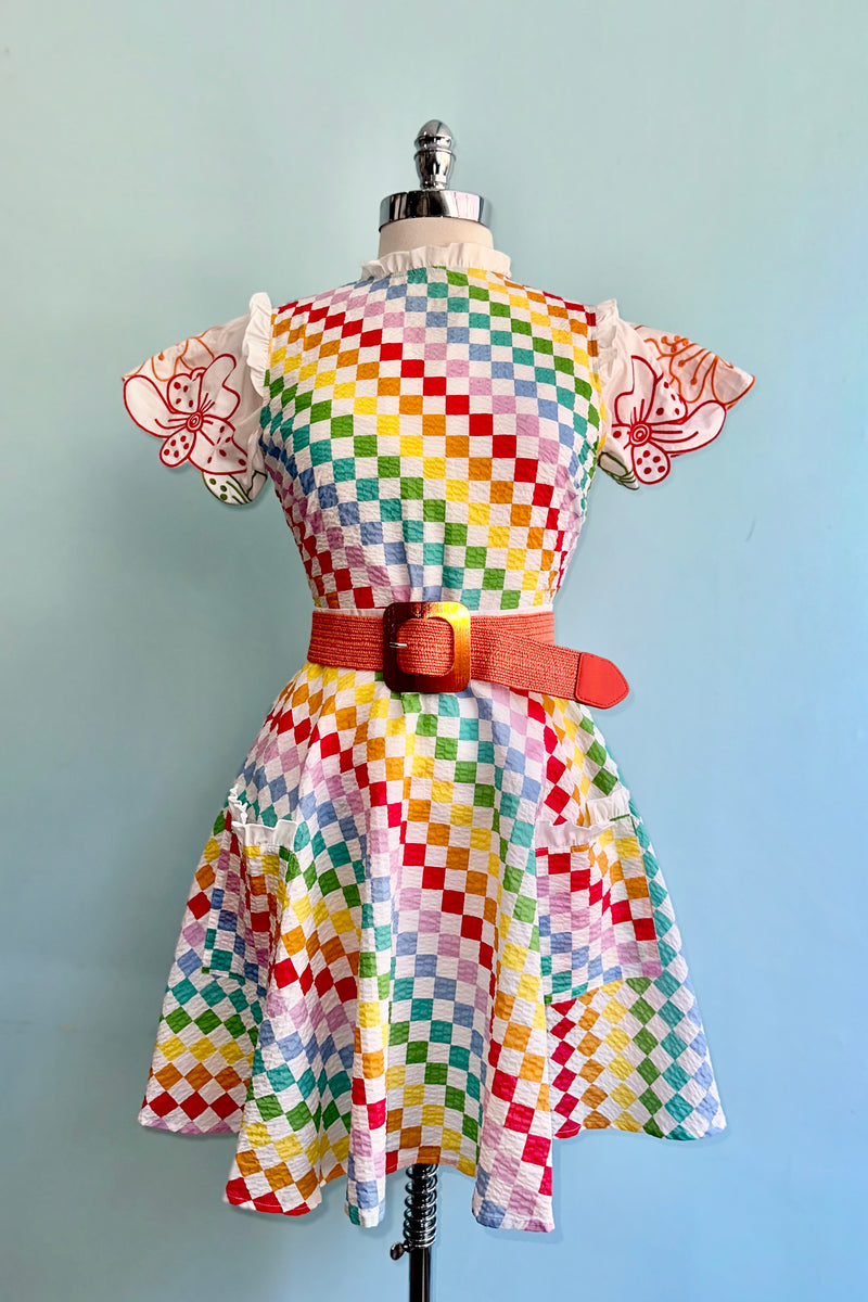 Rainbow Checks Sleeveless Ruffle Dress