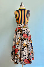 Navy and Orange Daisy Print Midi Skirt by Apsara