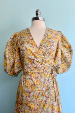 Yellow Floral Balloon Sleeve Wrap Dress