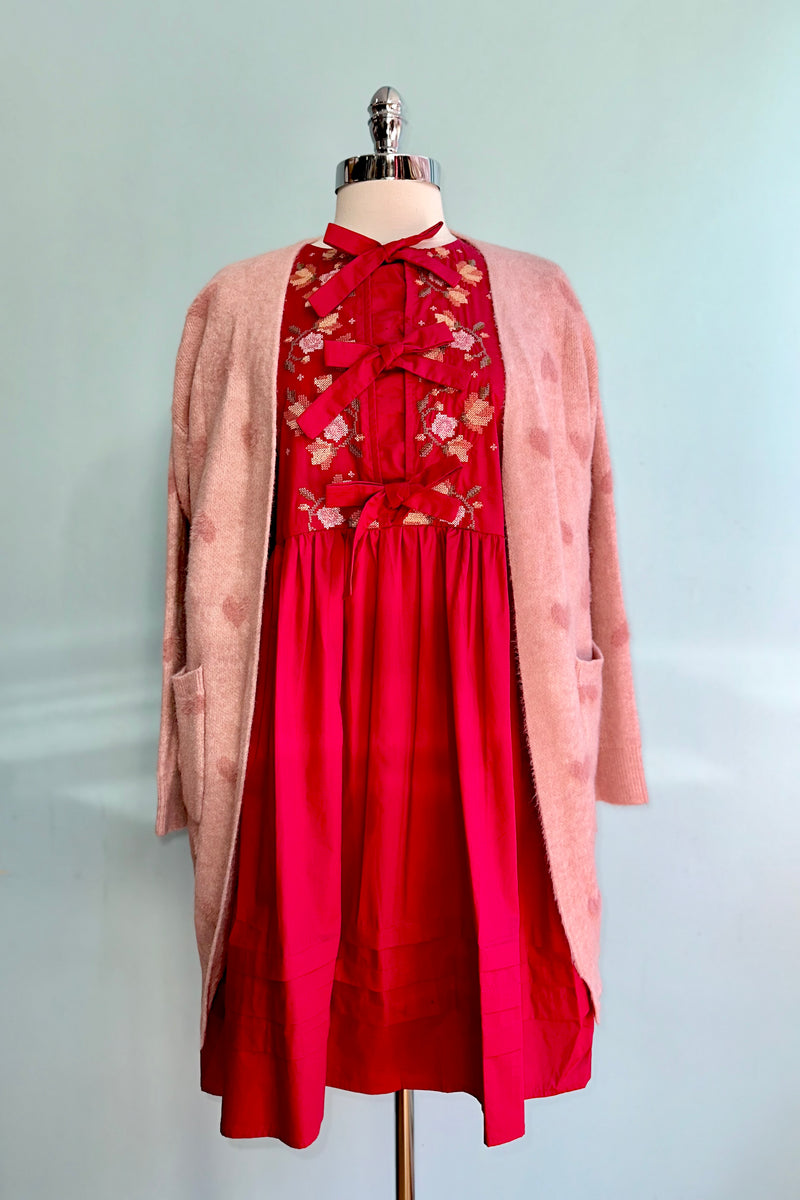 Red Embroidered Balloon Sleeve Mini Dress Small