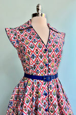 Blue Garden Floral Diamond Print Shirt Dress