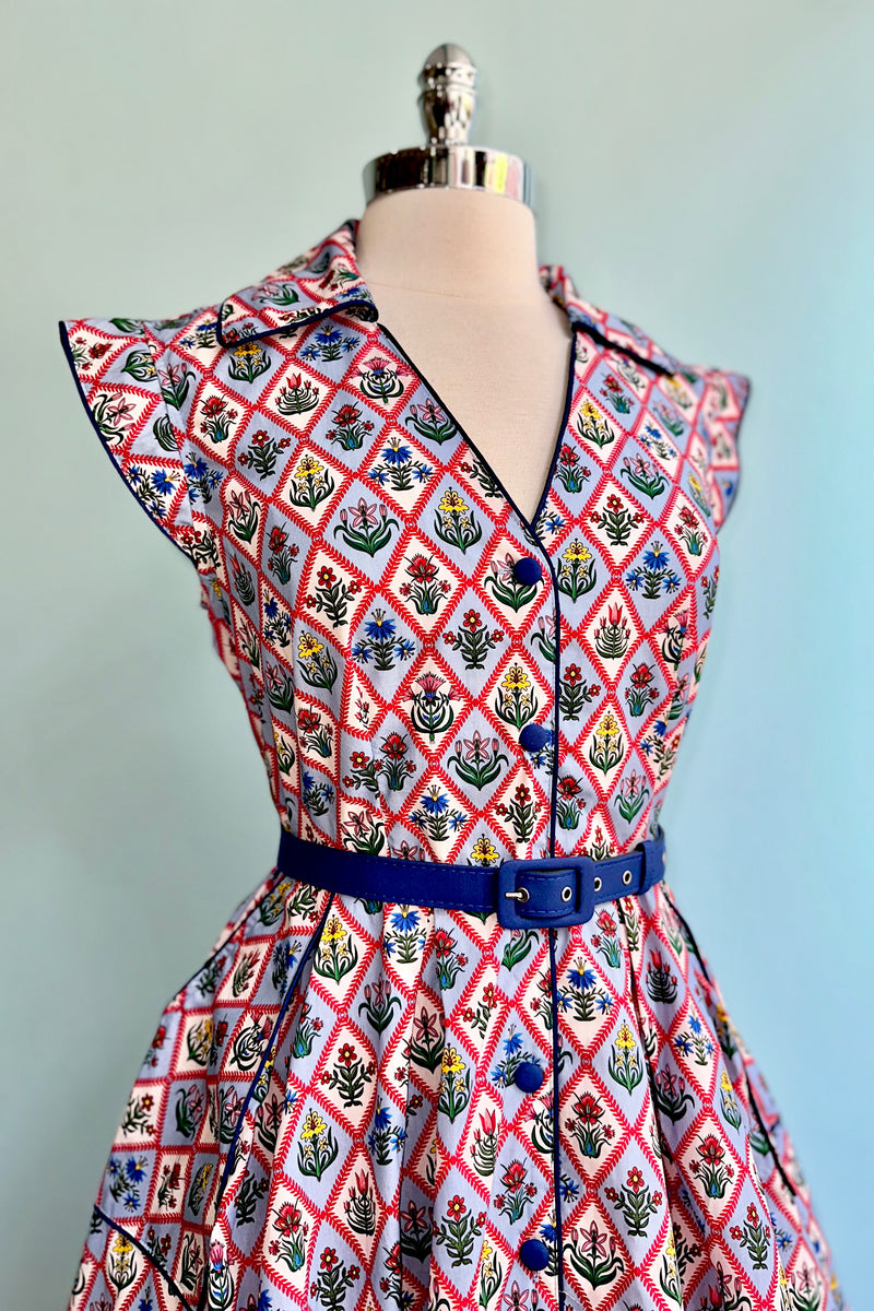 Blue Garden Floral Diamond Print Shirt Dress