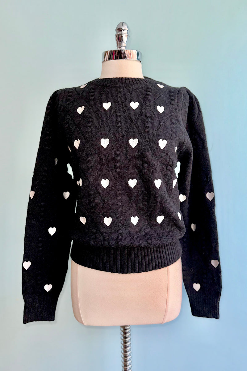 Black Pom Pom and Heart Pullover Sweter