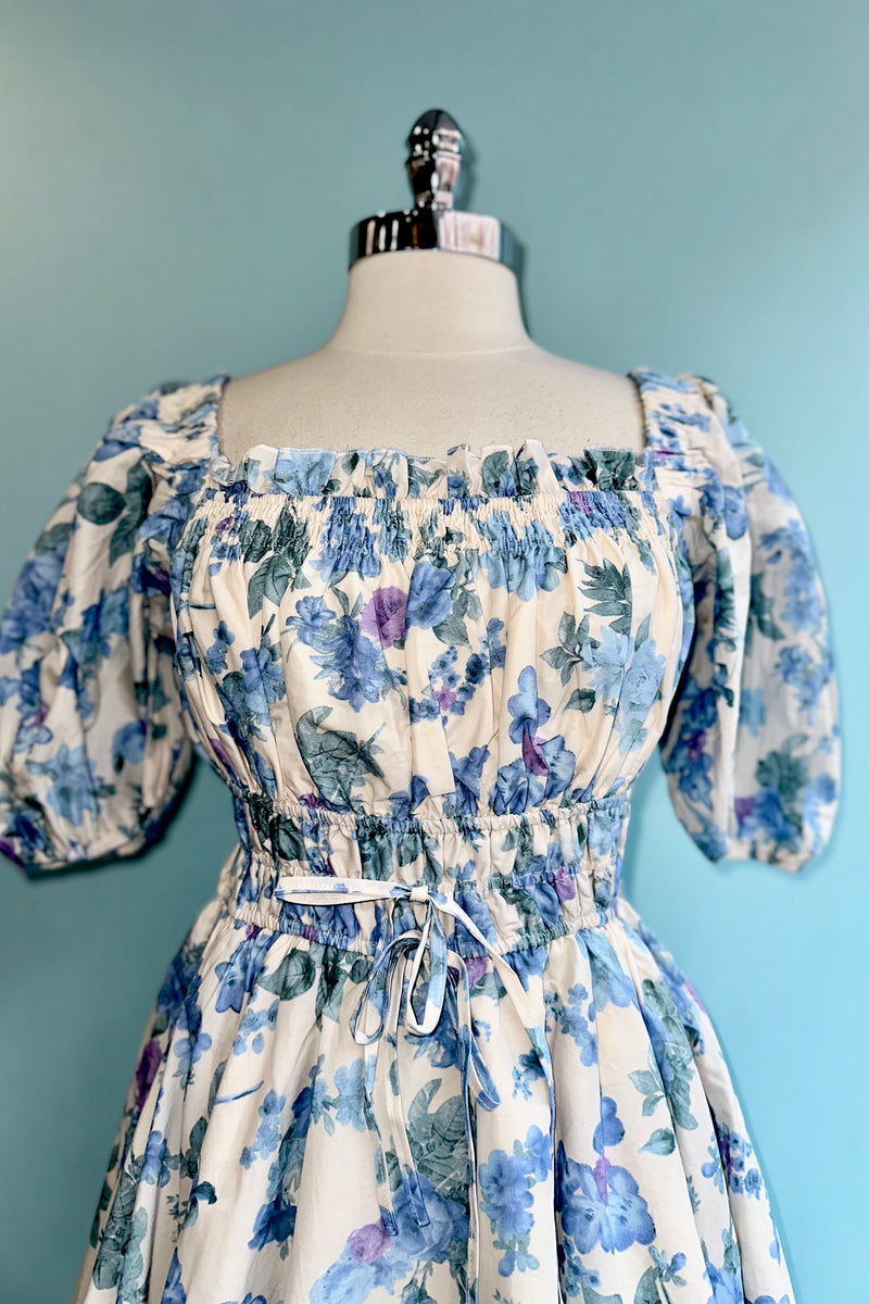Ivory & Blue Floral Bubble Sleeve Mini Dress