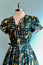 Teal and Gold Peacock Print Dahlia Dress