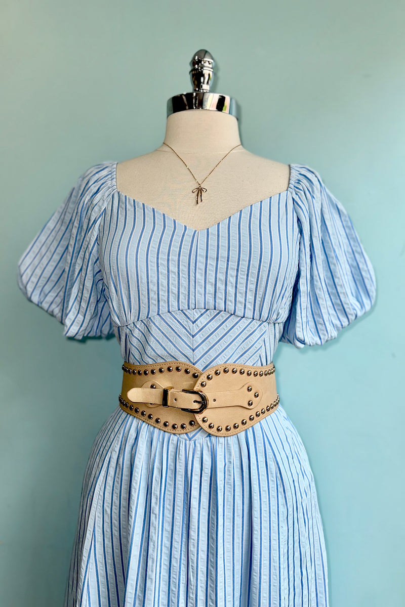 light blue puff sleeve midi dress Light Blue Puff Sleeve Tie Back Midi Dress – Modern Millie