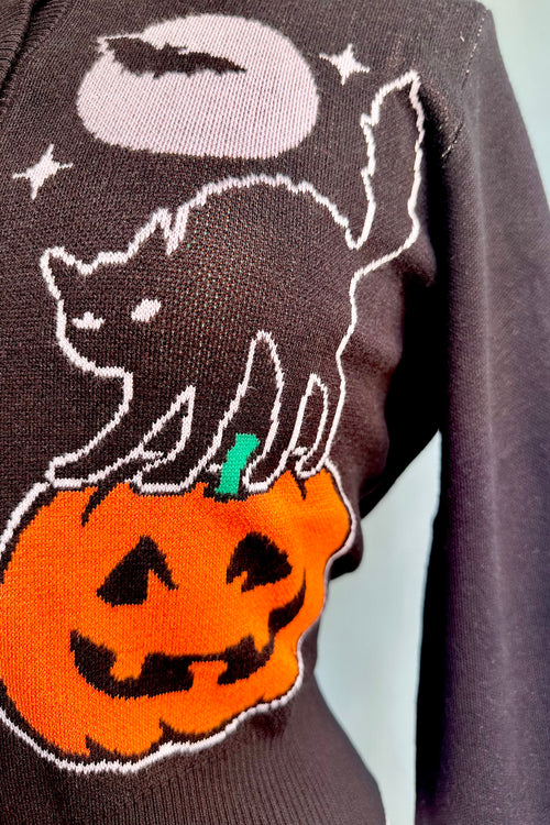 Black Spooky Cat Cropped Cardigan Sweater