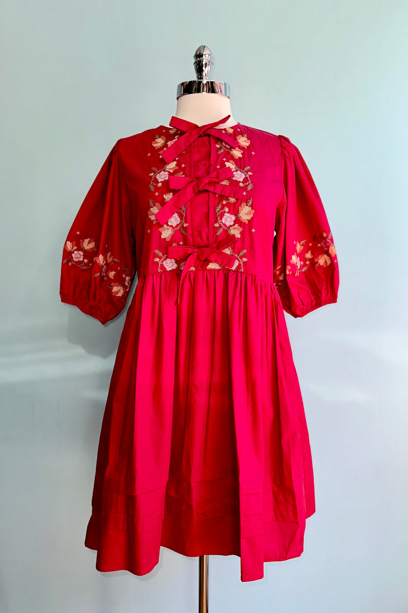 Red Embroidered Balloon Sleeve Mini Dress Small