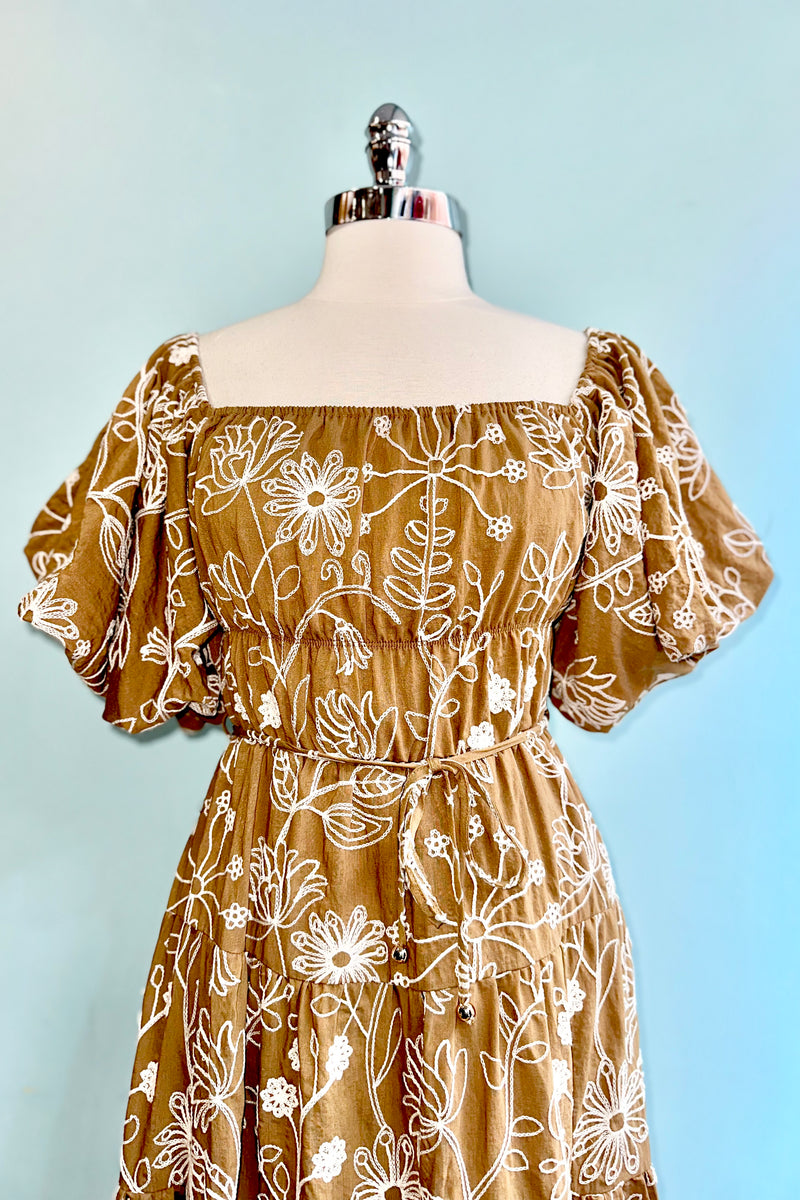 Light Brown Embroidered Puff Sleeve Midi Dress Small Light Brown Embroidered Puff Sleeve Midi Dress Small