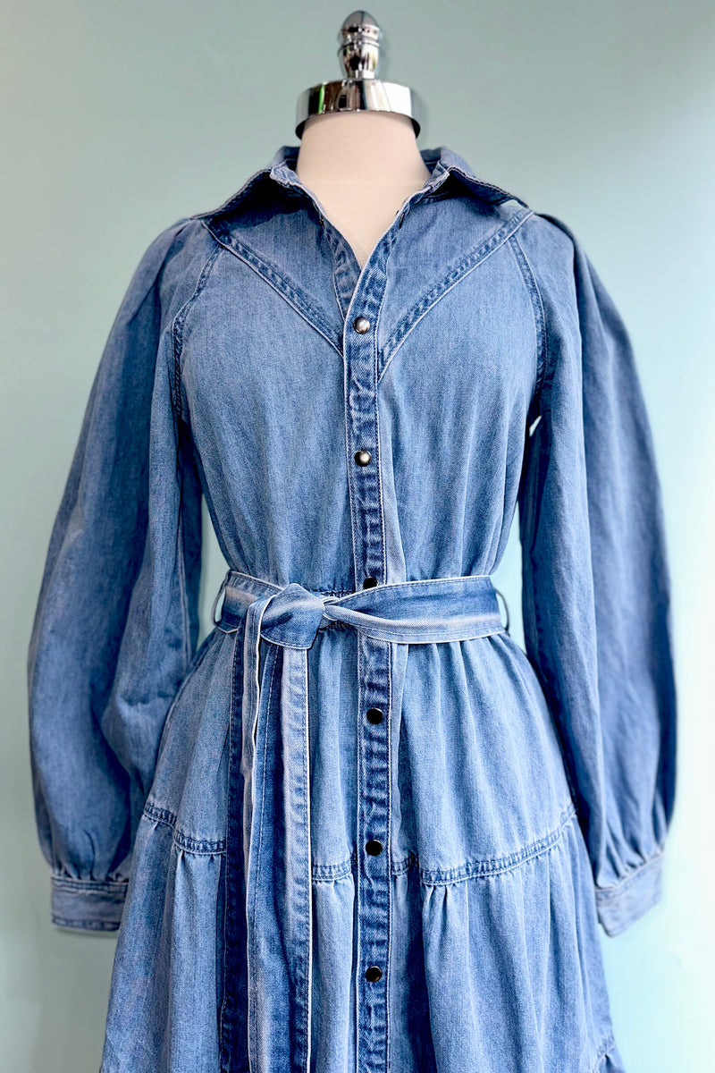 Denim Tiered Button Down Maxi Dress